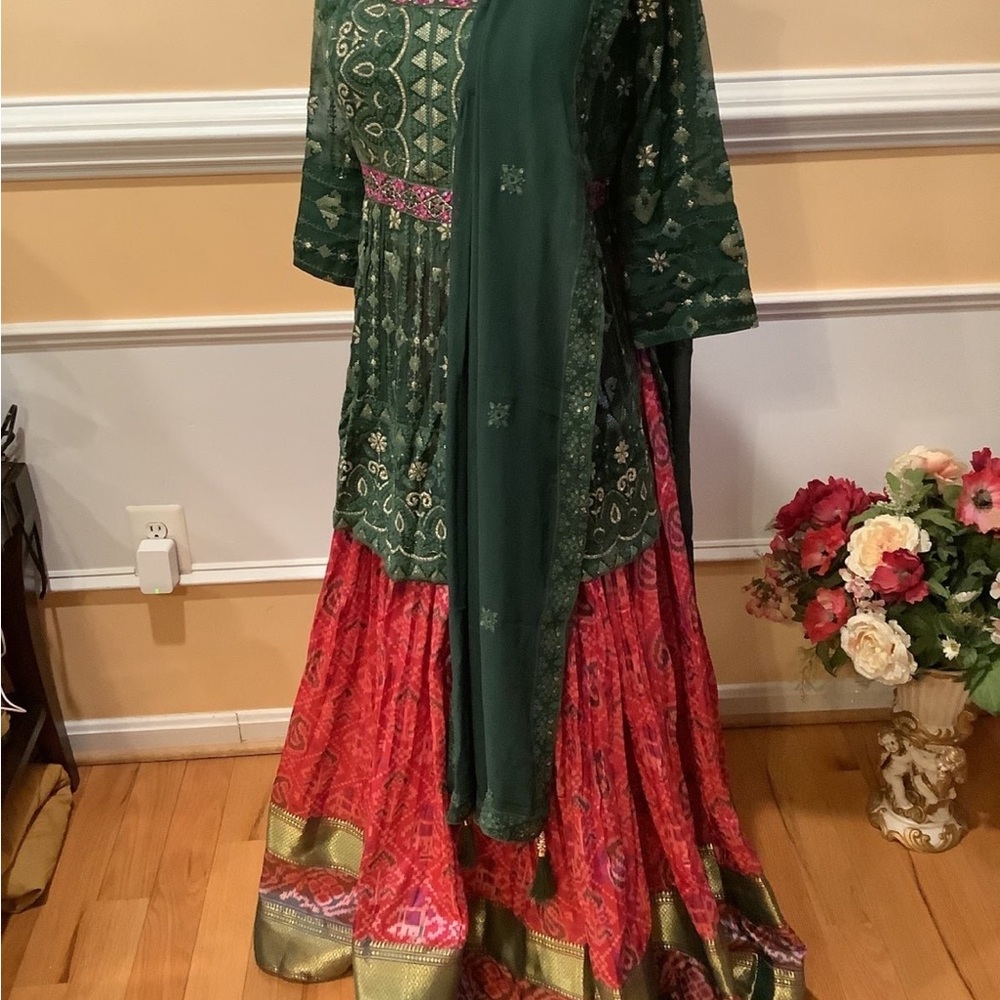 Green and Red Embellished Pleated Maxi Dress for Wedding Guest